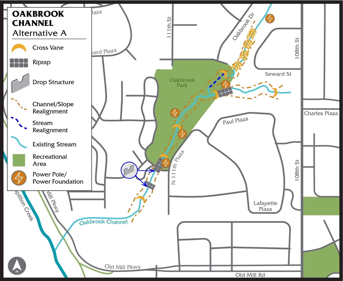 Map detailing Alternative A options for the Oakbrook Channel project.