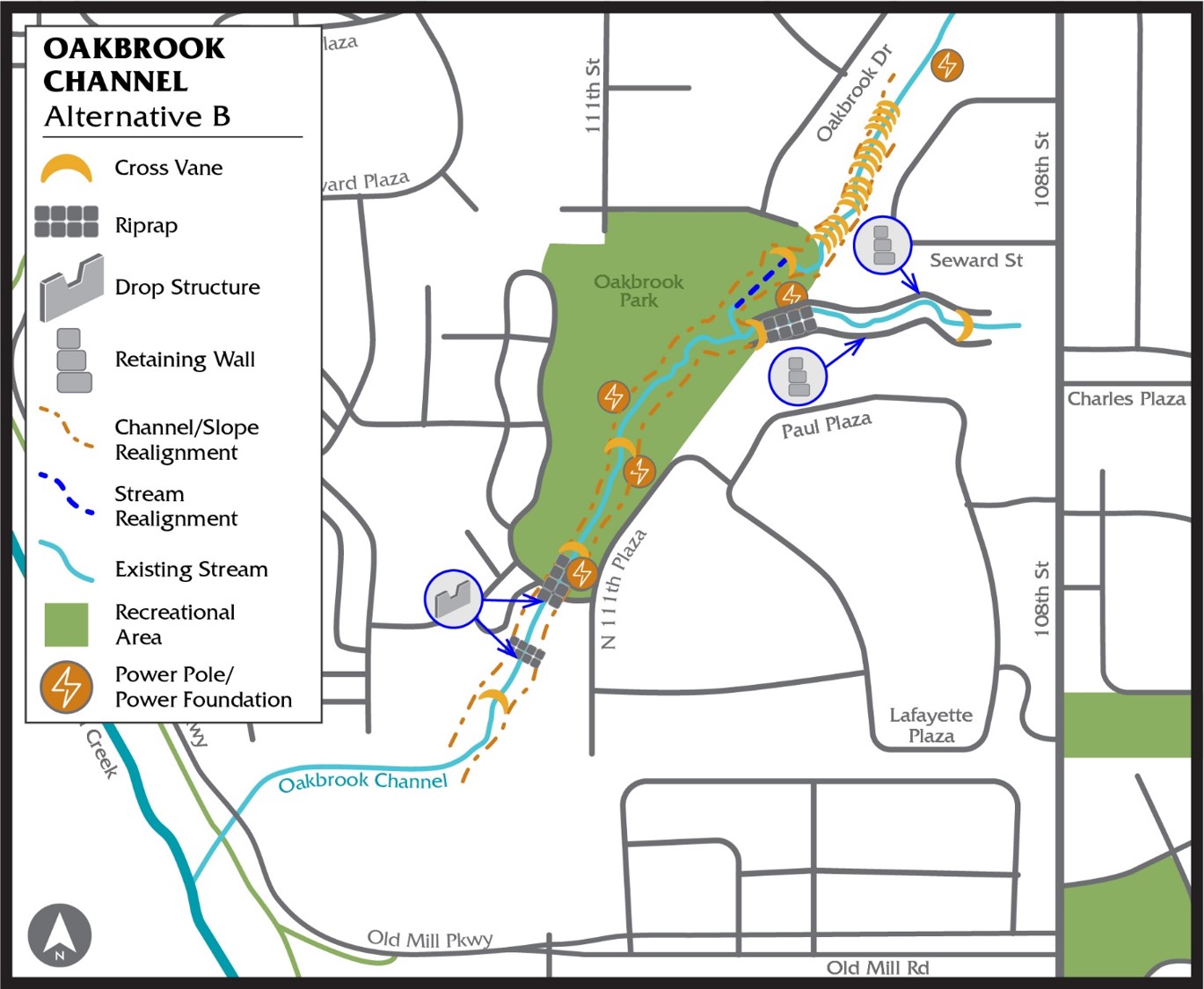 Map detailing Alternative B options for the Oakbrook Channel project.