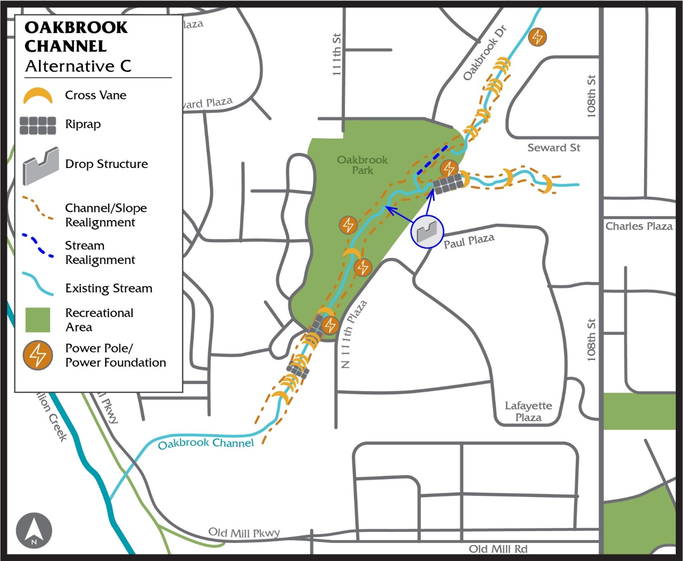 Map detailing Alternative C options for the Oakbrook Channel project.