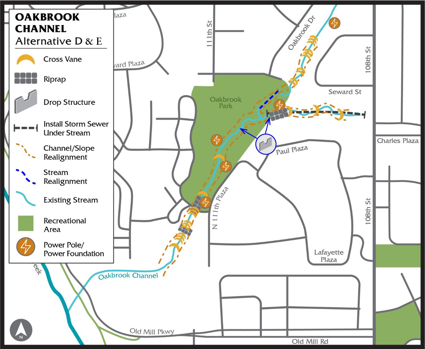 Map detailing Alternative D options for the Oakbrook Channel project.