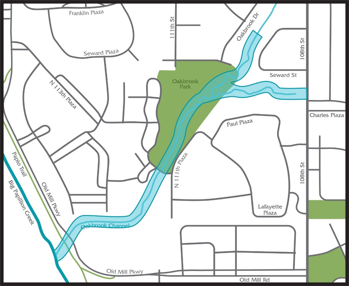 A close up of a map that shows the entire Oakbrook Channel project area and the surrounding parks and streets.