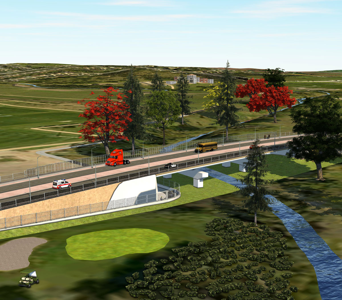 3D rendering of the proposed Big Papillion Creek Bridge with trail undercrossing.