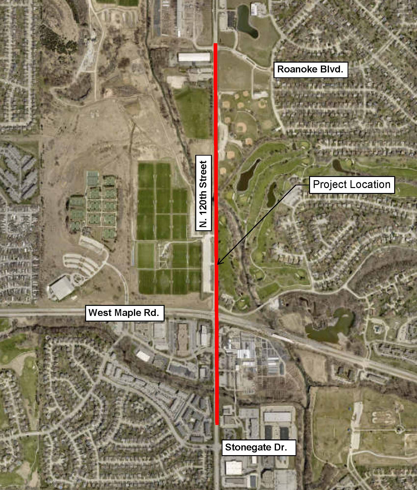 Map of the location of the 120th Street Project from Stonegate Drive to Roanoke Boulevard.