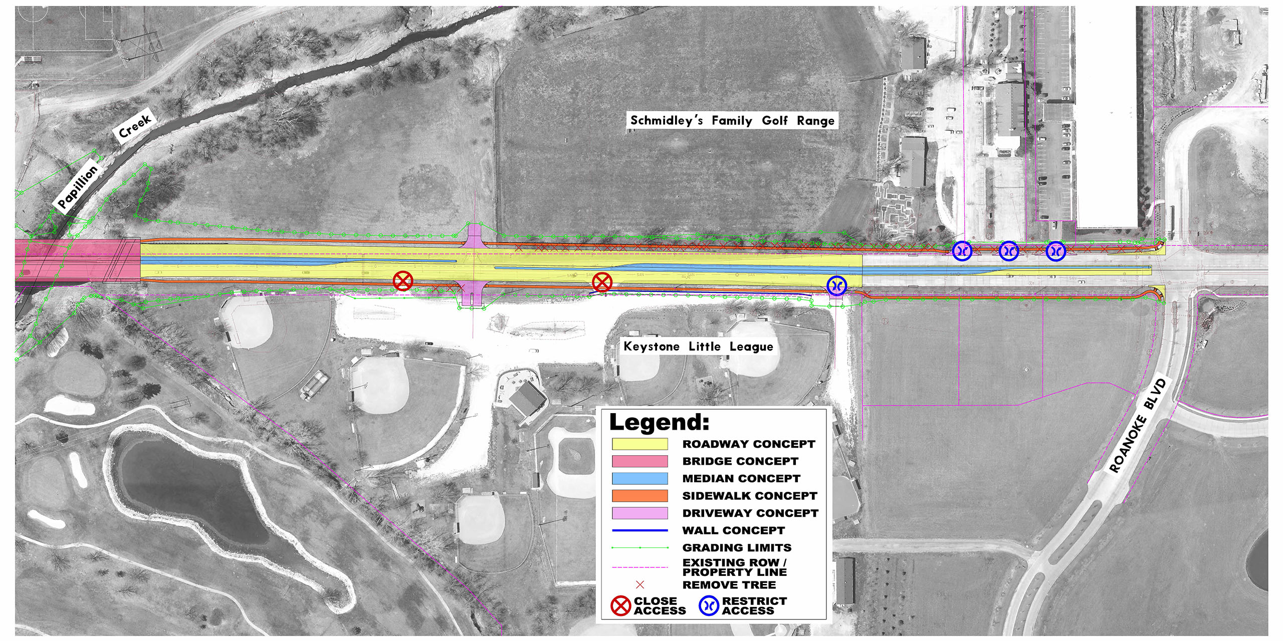Project area map highlighting proposed improvements from Big Papillion Creek Bridge to Roanoke Boulevard.