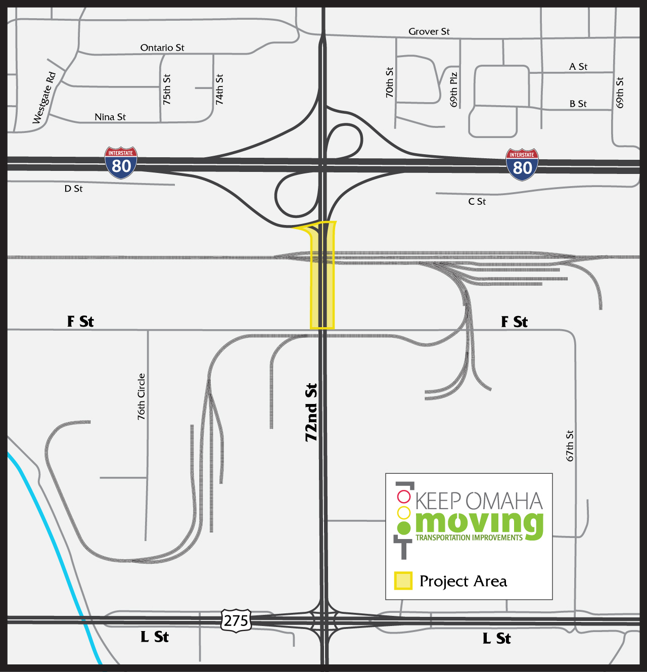 Map showing project area along 72nd Street, south of I-80