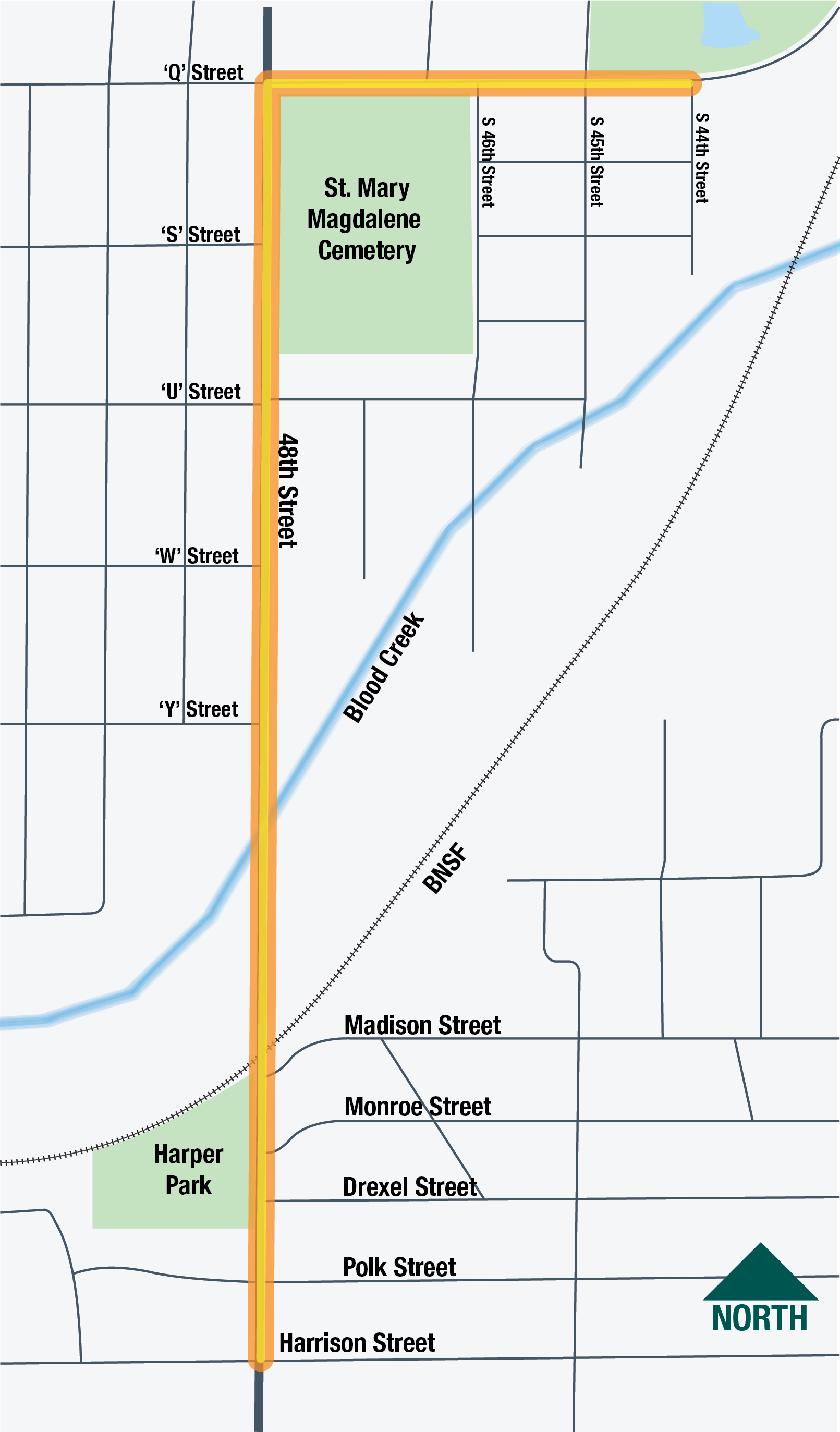 Map showing project location: Q Street from S 4th to 48th Street; 48th Street from Q to Harrison Street.